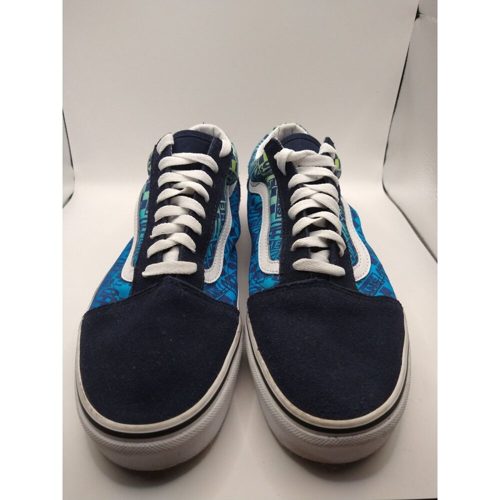 Vans Old Skool Skate Shoes Blue/Green Print Mens Size 12 Womens Size 13.5 Suede